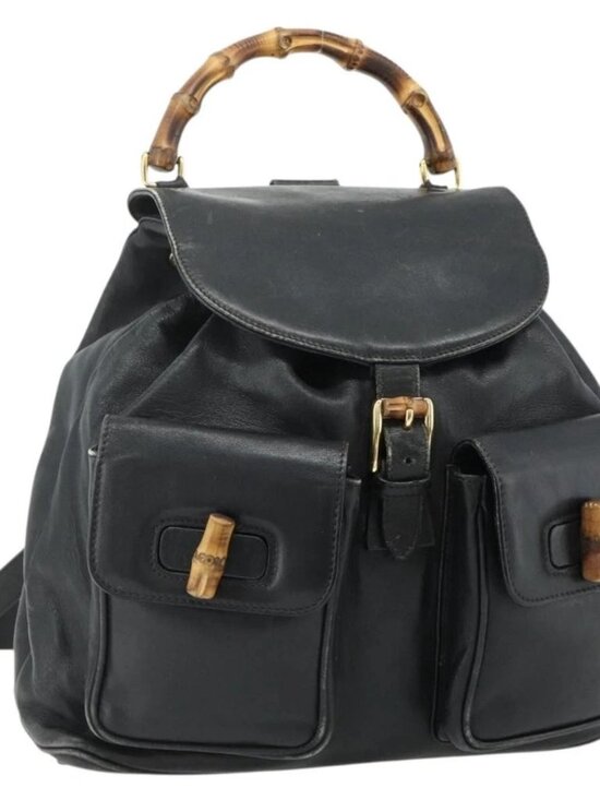 GUCCI Bamboo Backpack Leather Black Gold Auth main image 14